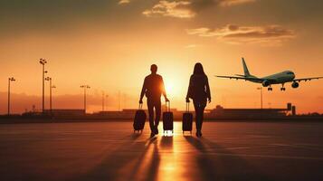 a-couple-is-walking-on-the-runway-with-suitcases-presumably-heading-to-the-airport-to-catch-a-flight-photo a-couple-is-walking-on-the-runway-with-suitcases-presumably-heading-to-the-airport-to-catch-a-flight-photo